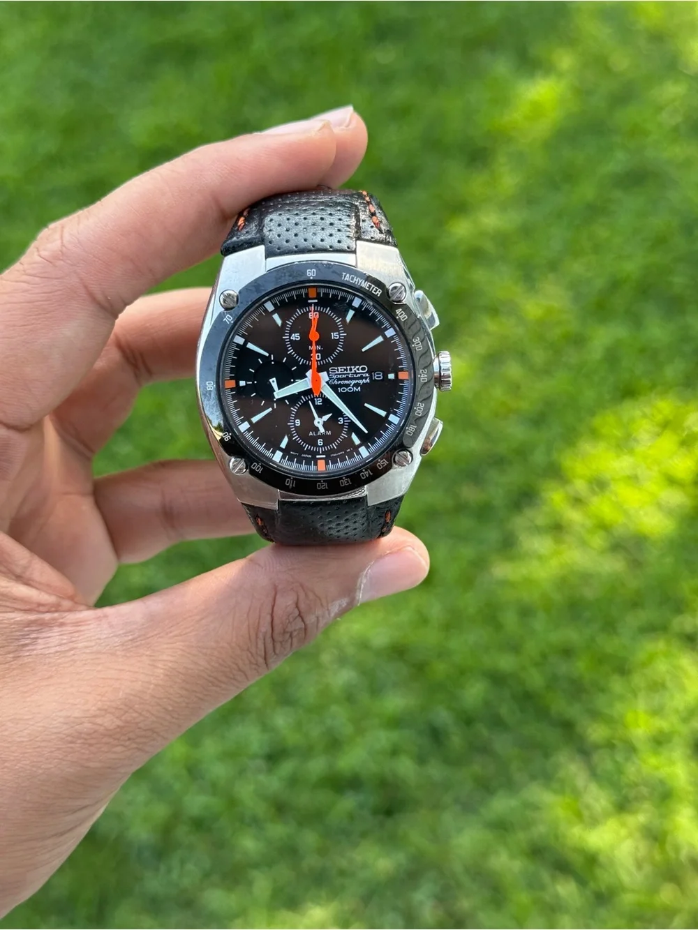 Seiko sportura Black Dial Men's Chronograph Watch with Orange Accents